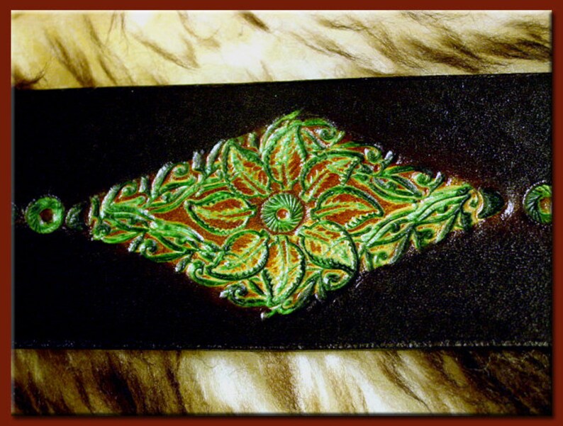 GREEN LEAVES MANDALA Guitar Strap A Simple and Beautifully Hand Dyed, Hand Crafted Leather Guitar Strap image 4