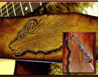WOLF Design • Beautifully Hand Tooled & Completely Hand Crafted Leather Guitar Strap