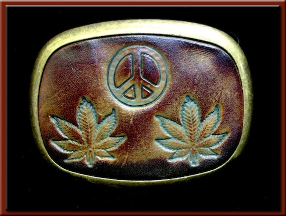 Belt Brown Hemp Leaf Cannabis with Buckle Embossed Cowhide Leather Made in USA