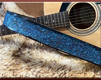 TURQUOISE FLOWERS GALORE Garden Design • A Beautifully Hand Tooled, Hand Crafted Leather Guitar Strap