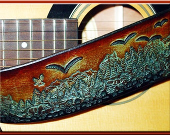 MOUNTAIN SCENE Design • A Beautifully Hand Tooled, Hand Crafted Leather Guitar Strap