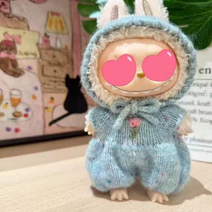 Crochet Labubu Onesie Outfit with Hood – Handmade Full Body Knit Clothes for 17cm Labubu Doll – Kawaii Soft Cotton Doll Outfit