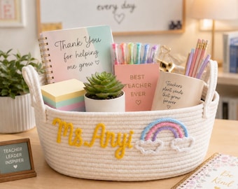 Cesta de regalo personalizada para agradecer a los profesores, Gracias por ayudarme a crecer, Cesta personalizada con el nombre del profesor, Organizador de cuerda de algodón