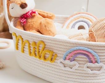Panier cadeau personnalisé baby shower, panier cadeau bébé en coton cordelette, cadeau nouveau-né, panier de jouets, cadeau prénom de bébé