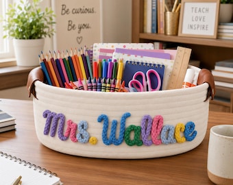 Personalized Teacher Appreciation Gift Basket, Back to School Gift, Custom Teacher Name Basket, Cotton Rope Organizer, Classroom Gift