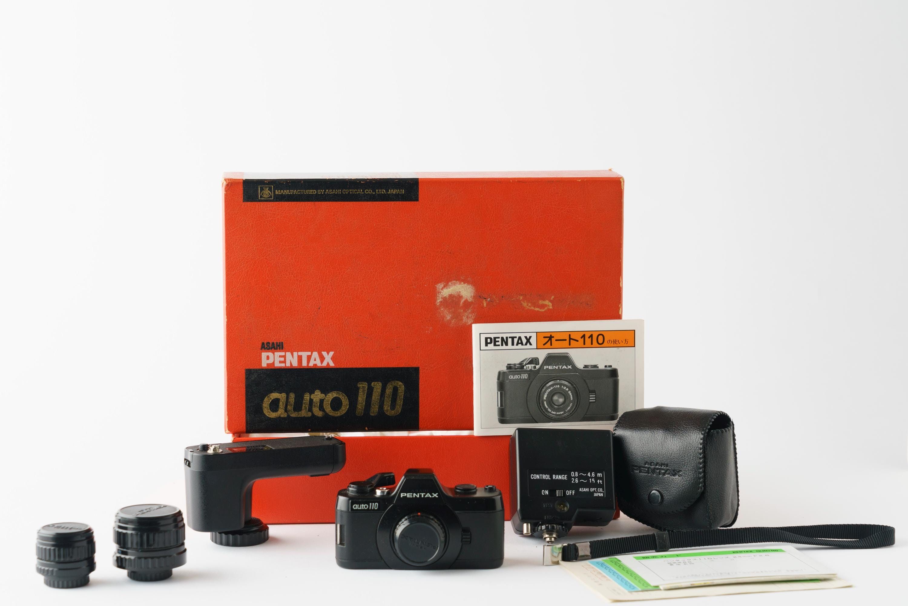 Pentax Auto 110 Film Camera Kit, 3 Lenses, Flash, Auto Winder, Box