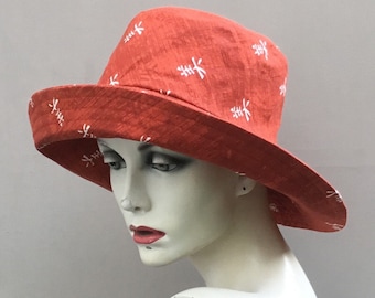 Orange cotton sun hat with wide brim, washable hat