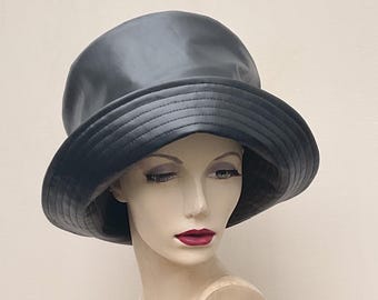 Black Faux Leather Slouchy Hat • Stitched Brim Statement Hat • Handmade Vegan Leather Hat • Minimal Modern Unisex Hat