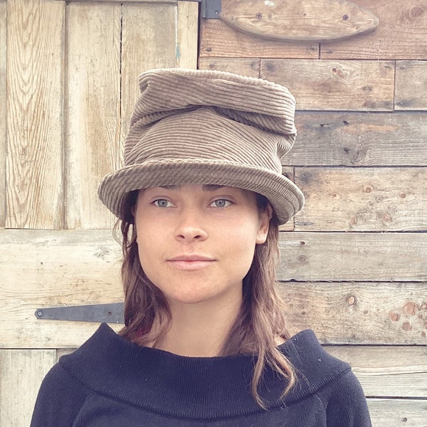 Eco-Friendly Brown Corduroy Top Hat, Slouchy and Stylish, Upcycled Fabric, Size M