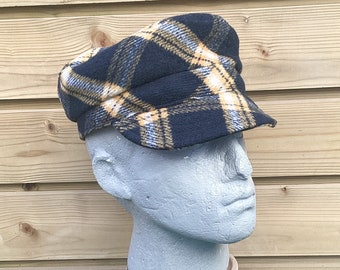 Plaid Wool Fisherman Cap - Recycled Fabric, Sustainable Fashion, Blue and Beige Fiddler Hat