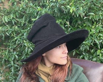 Extra wide brim black corduroy hat, statement hat made from cotton corduroy, handmade hat