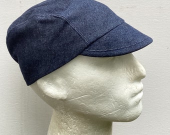 Blue denim 6 panel baseball style cap size X/L, elasticated at back