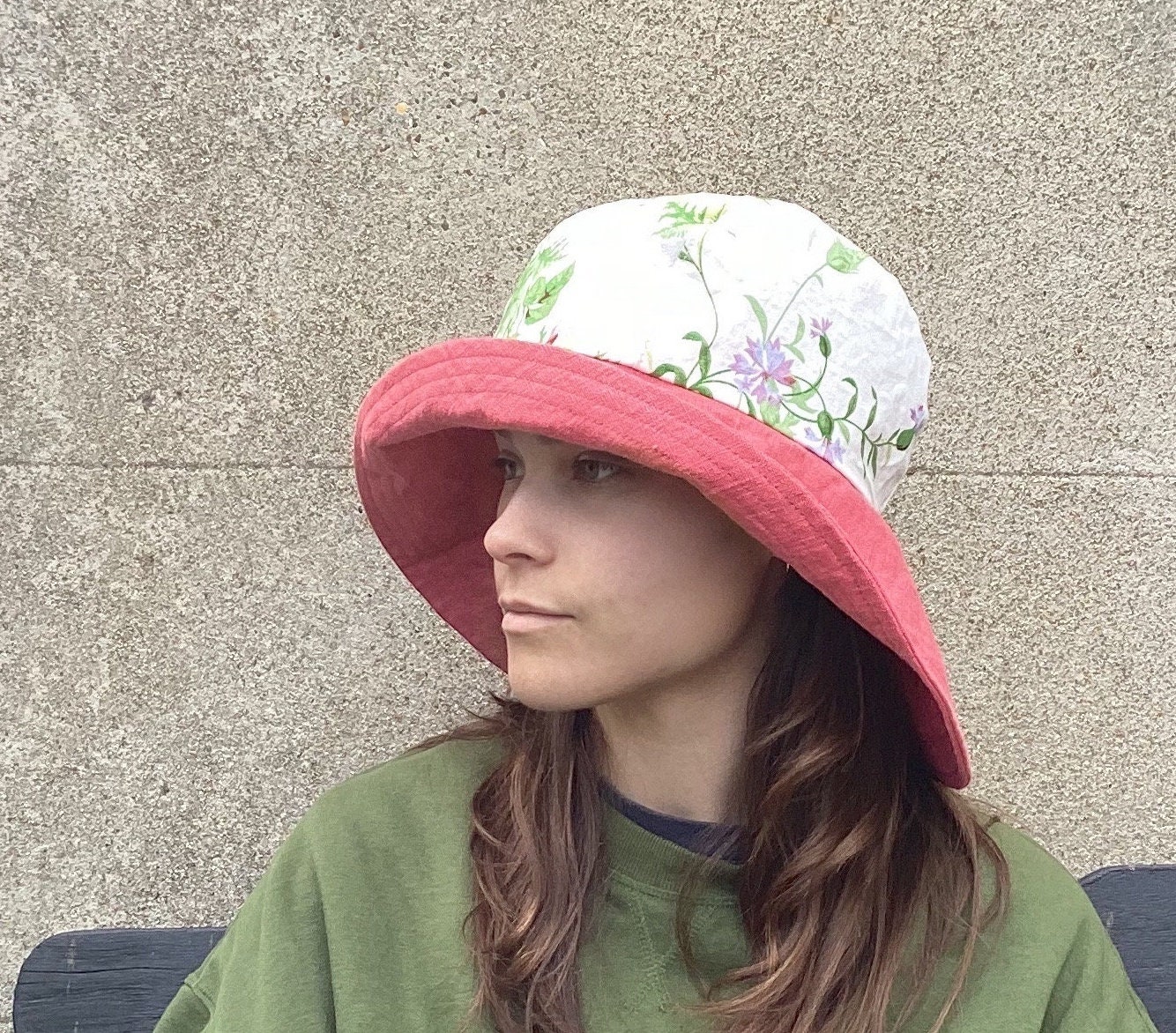 Pink Linen Wide Brim Sun Hat: Reversible Floral Souwester - Etsy display picture 3