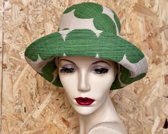 Green cotton Tall bucket hat, handmade summer hat made using recycled fabric, cloche style hat