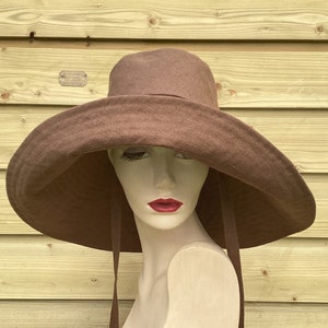 Extra wide brim brown linen sunhat with removable ties, linen hat