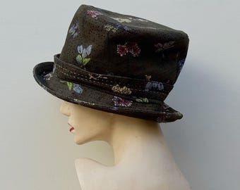 Green floral Top hat, handmade from Upcycled fabric