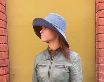 Reversible Denim Sun Hat: Wide Brim Recycled Jeans, Handmade