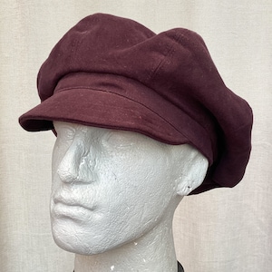 Dark plum oversized 8 panel baker boy cap made from recycled cotton moleskin image 1