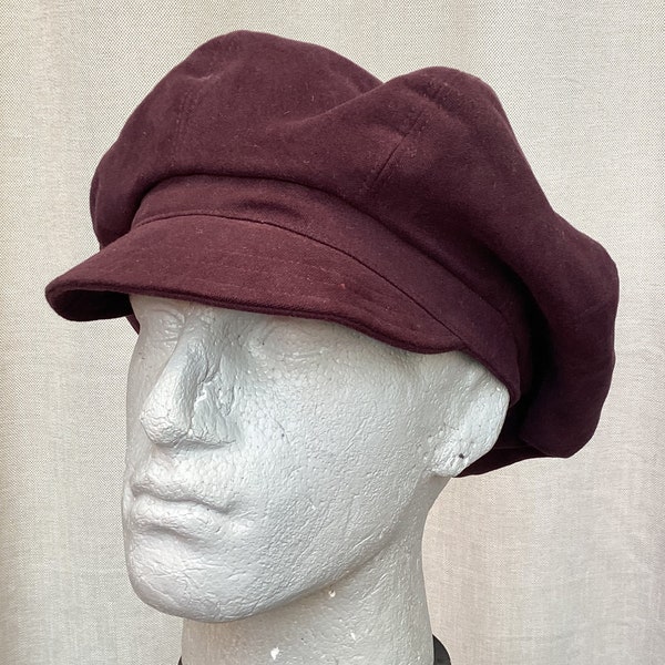 Dark plum oversized 8 panel baker boy cap made from recycled cotton moleskin