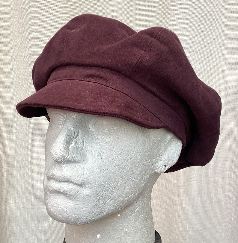 Dark plum oversized 8 panel baker boy cap made from recycled cotton moleskin image 1