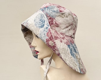 Romantic Cottagecore Wide Brim Sun Hat with ties | Upcycled Floral Fabric Sun Bonnet | Sustainable Summer Garden Hat