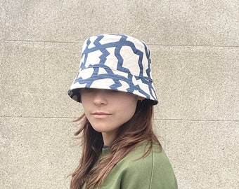 Blue and White Abstract Fabric Bucket Hat - Handmade Upcycled Cotton, Sustainable Wear, bucket hat women