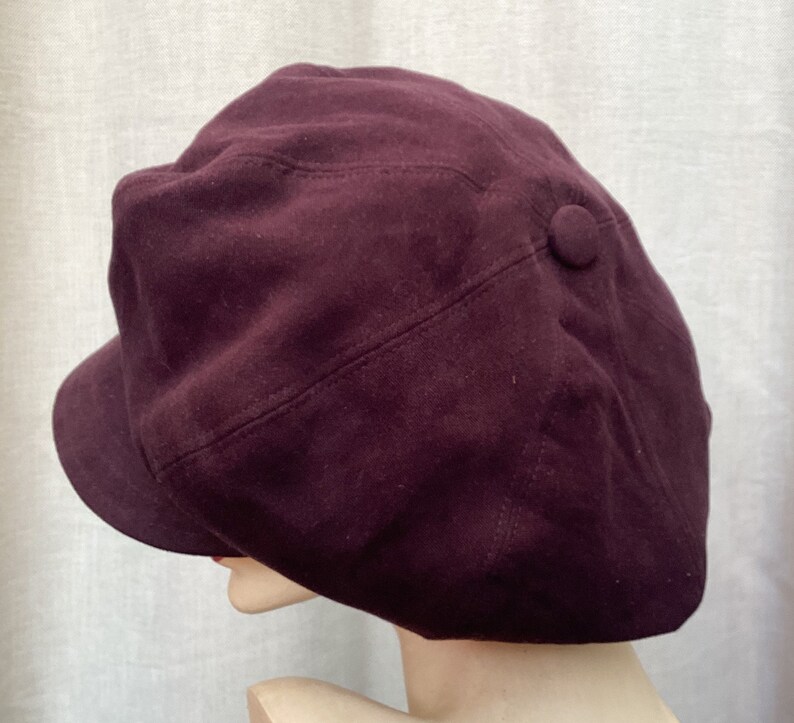 Dark plum oversized 8 panel baker boy cap made from recycled cotton moleskin image 7