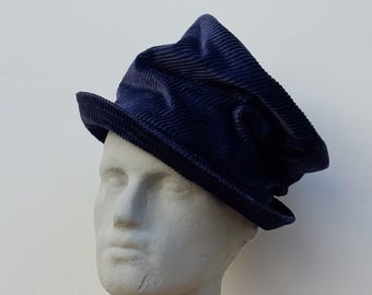 Slouchy Navy Blue Corduroy Top Hat – Handmade from Recycled Fabric – Vintage style