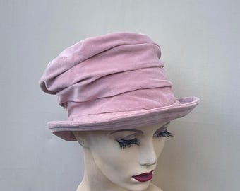 Soft Pink Velvet Top Hat – Handmade Ruched Hat in Recycled Cotton Velvet, Sustainable Upcycled Fashion, Vintage Style, Statement Hat .