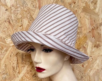 Striped ticking fabric tall crown bucket hat, handmade hat made using recycled cotton fabric, cloche style hat