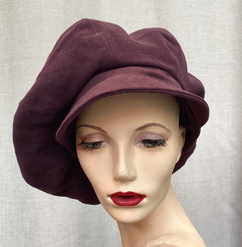 Dark plum oversized 8 panel baker boy cap made from recycled cotton moleskin image 3