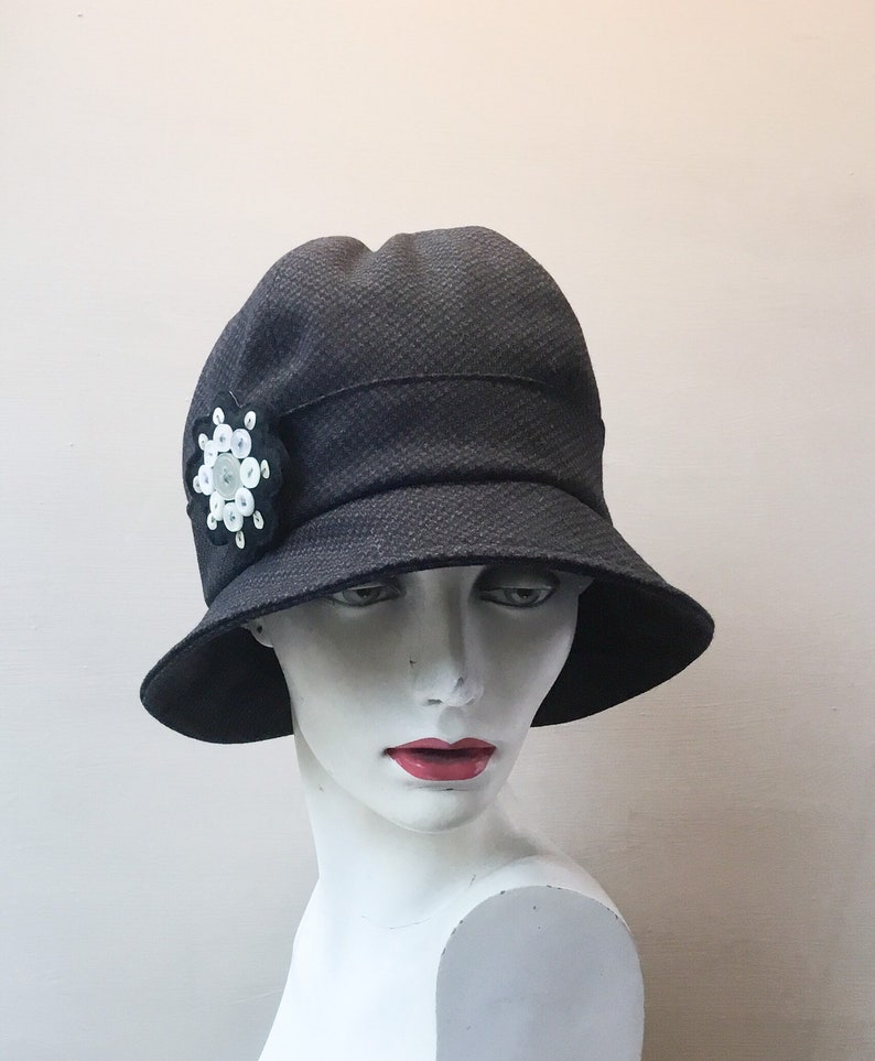 Dark navy cloche hat,classic cloche hat handmade in uk,Downton Abbey style,detachable button brooch,chic cloche,recycled fabric hat