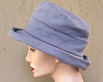 Blue denim cloche style hat with bias edge brim, made from recycled fabric, summer hat, size M