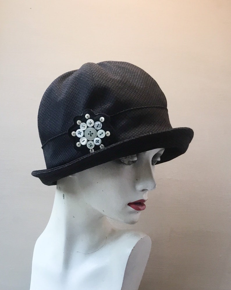 Dark navy cloche hat,classic cloche hat handmade in uk,Downton Abbey style,detachable button brooch,chic cloche,recycled fabric hat