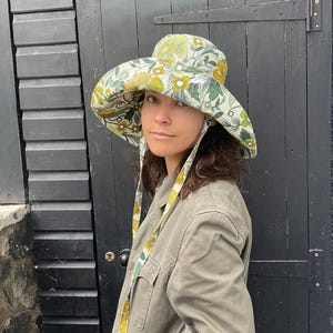 Wide Brim Floral Cotton Sun Hat with Ties - Handmade