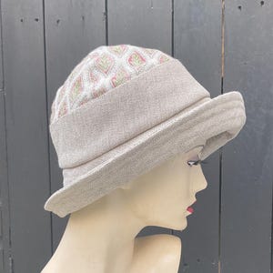 Linen cloche hat with patterned crown, handmade from recycled fabric