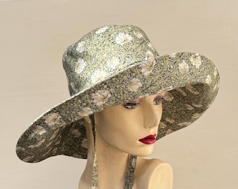 Wide brim sun hat with ties, William Morris fabric, recycled fabric, sustainable clothing, Romantic style