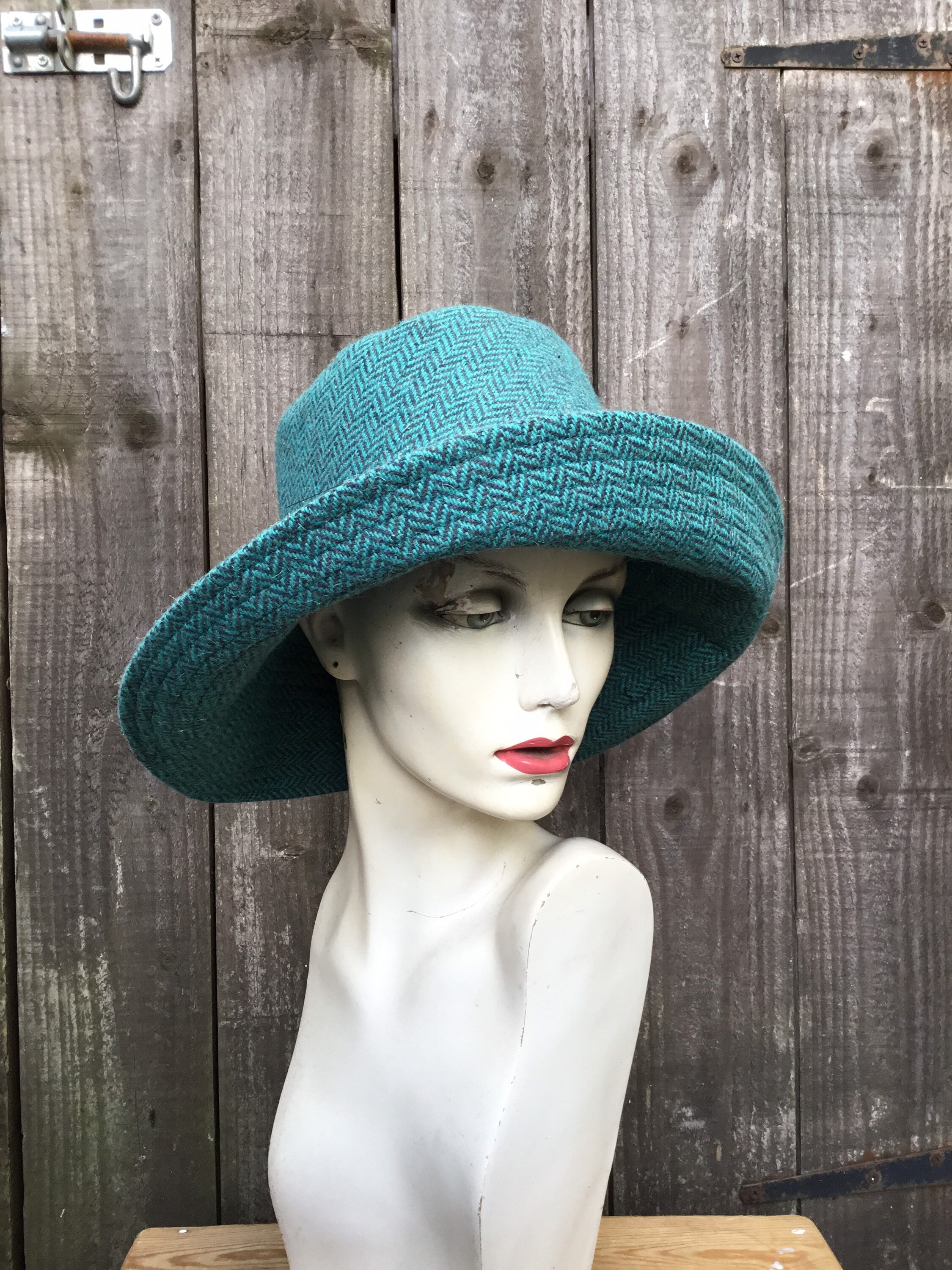 Teal tweed wool wide brim hat | Etsy