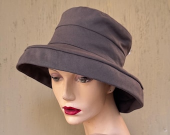 Grey cotton canvas cloche hat, handmade hat size M, Bias edge brim