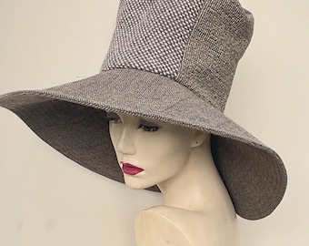 Tweed Wide Brim Hat ,Patchwork Tall Hat,Statement Hat,Unique Artisan Wool Hat made from upcycled fabric
