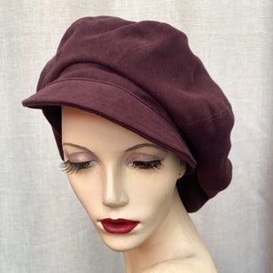 Dark plum oversized 8 panel baker boy cap made from recycled cotton moleskin image 2