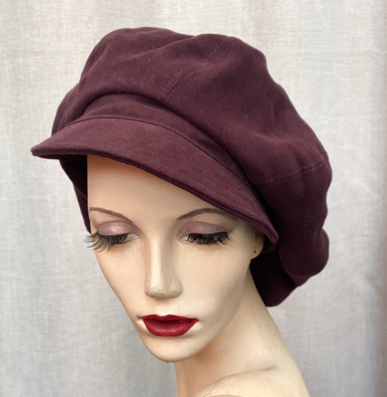 Dark plum oversized 8 panel baker boy cap made from recycled cotton moleskin image 2