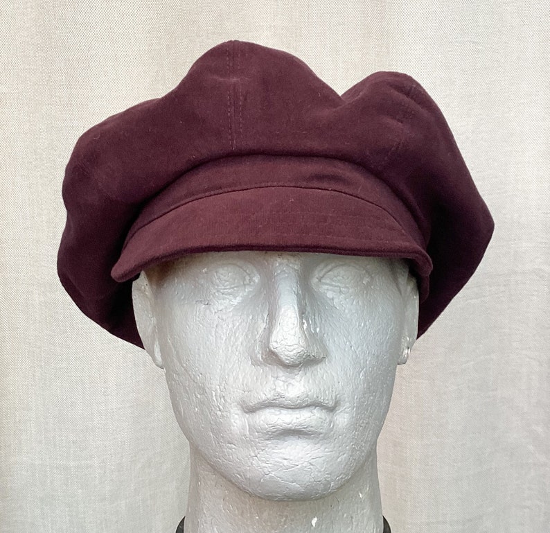 Dark plum oversized 8 panel baker boy cap made from recycled cotton moleskin image 5