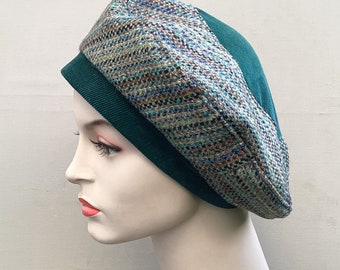 Green wool and corduroy beret made from recycled fabric