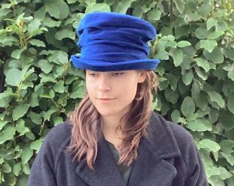 Eco-friendly Vibrant Blue Ruched Velvet Top Hat - Handcrafted from Recycled Fabric