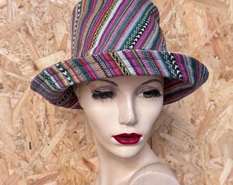 Purple striped cotton bucket hat made using recycled fabric, Tall crown bucket hat, cloche style hat