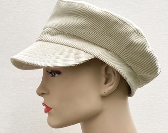 Cream corduroy skipper cap, recycled fabric fisherman cap,worker cap