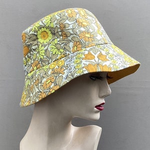 Yellow bucket hat, vintage floral fabric bucket hat, reversible sun hat, womens bucket hat