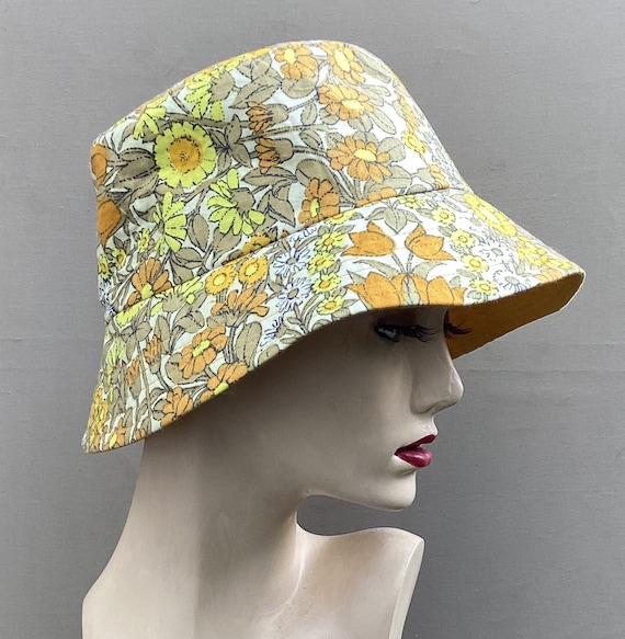 Yellow Bucket Hat, Vintage Floral Fabric Bucket Hat, Reversible