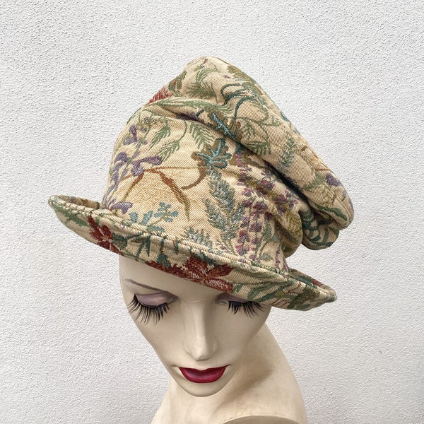 Eco-Friendly Unconstructed Floral Tapestry Top Hat: Handmade from Recycled Fabric size L